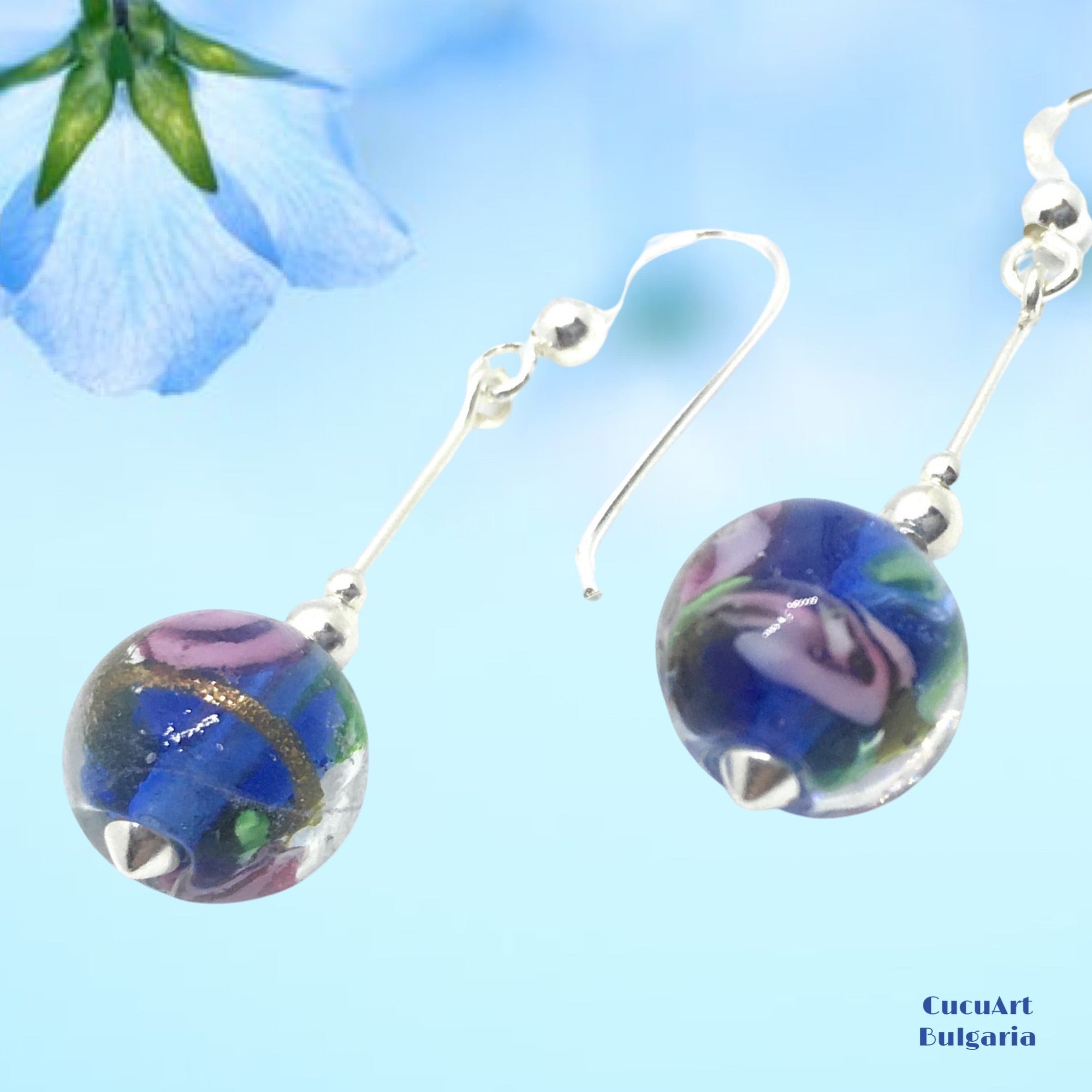 Pendientes de Cristal Artesanal y Plata de Ley. Varios colores. Hecho a mano por CucuArt - CucuArt