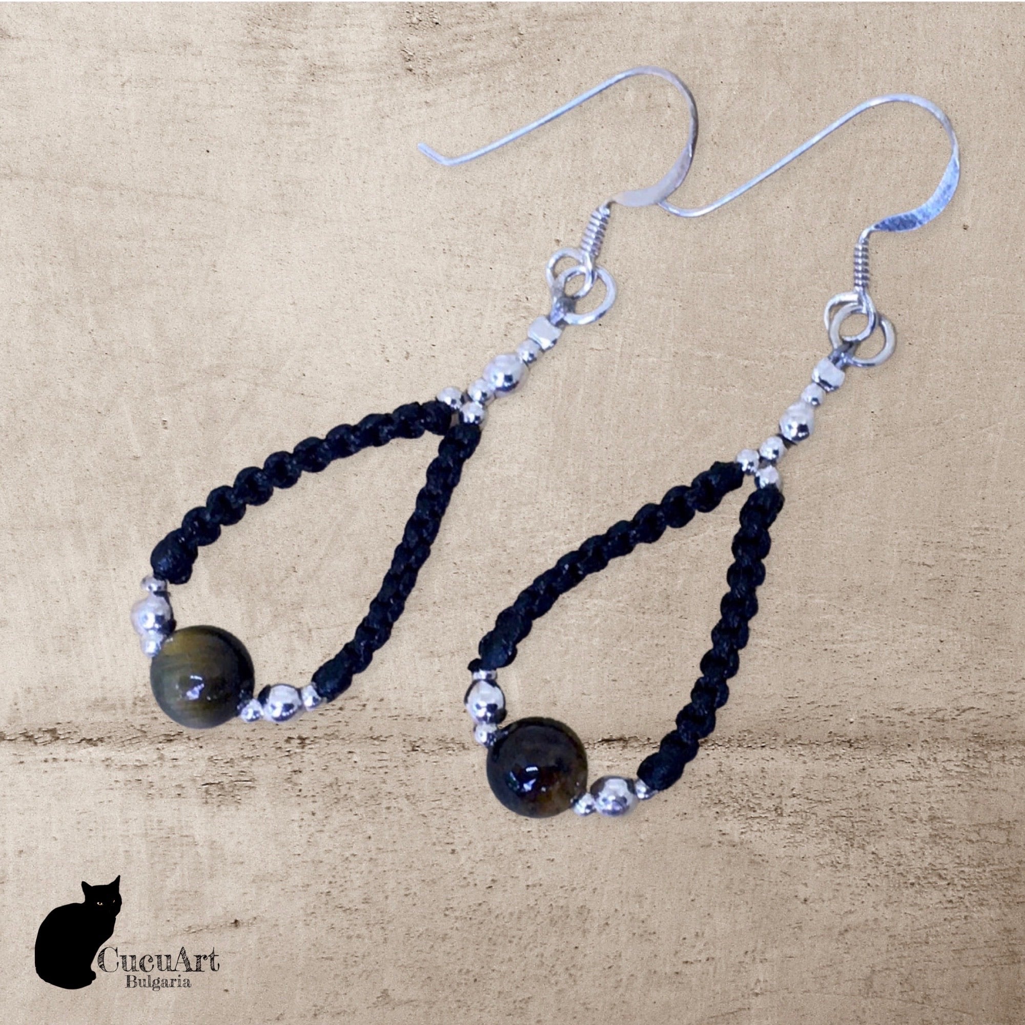 Pendientes de Macramé con Ojo de Tigre y Plata de Ley. Hecho a mano por CucuArt - CucuArt