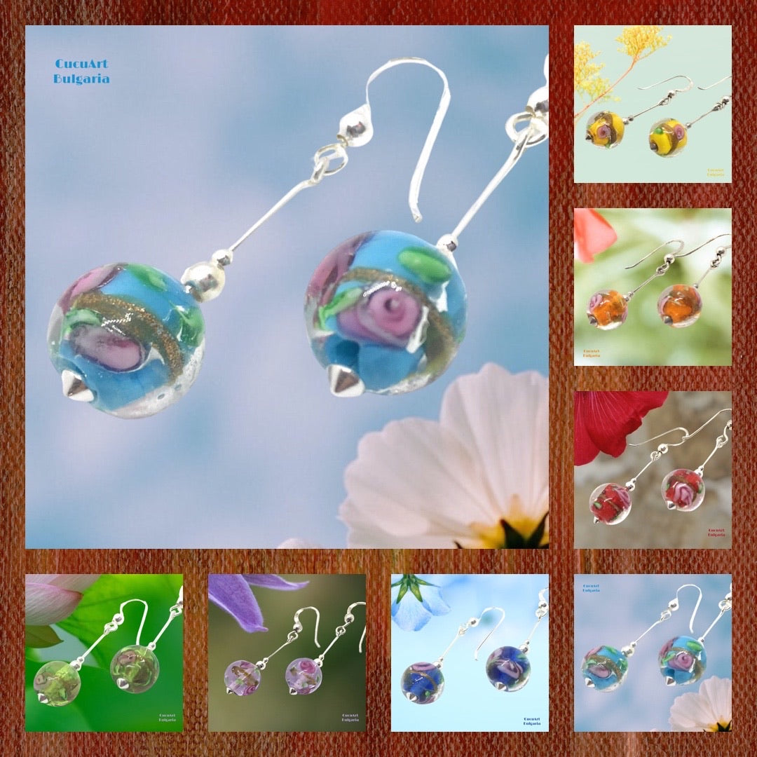 Pendientes de Cristal Artesanal y Plata de Ley. Varios colores. Hecho a mano por CucuArt - CucuArt