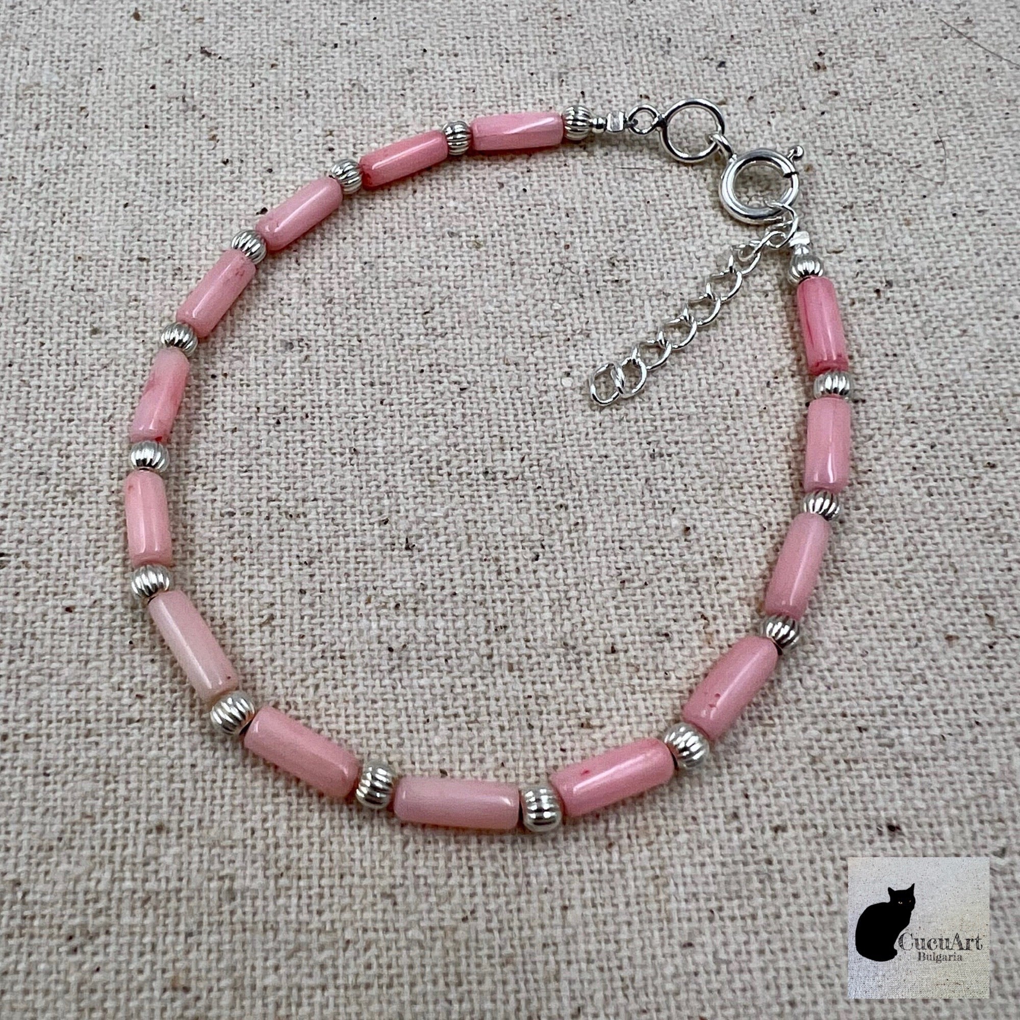 Pulsera de Coral Bambú Rosa y Plata de Ley. Hecho a mano por CucuArt - CucuArt