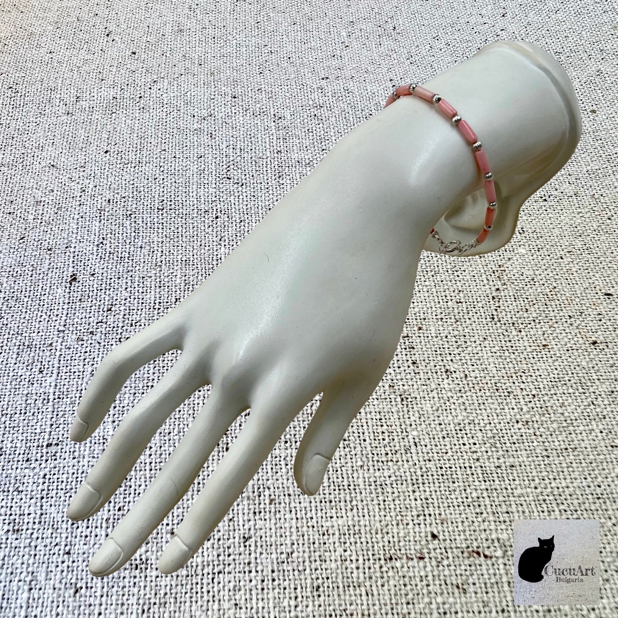 Pulsera de Coral Bambú Rosa y Plata de Ley. Hecho a mano por CucuArt - CucuArt