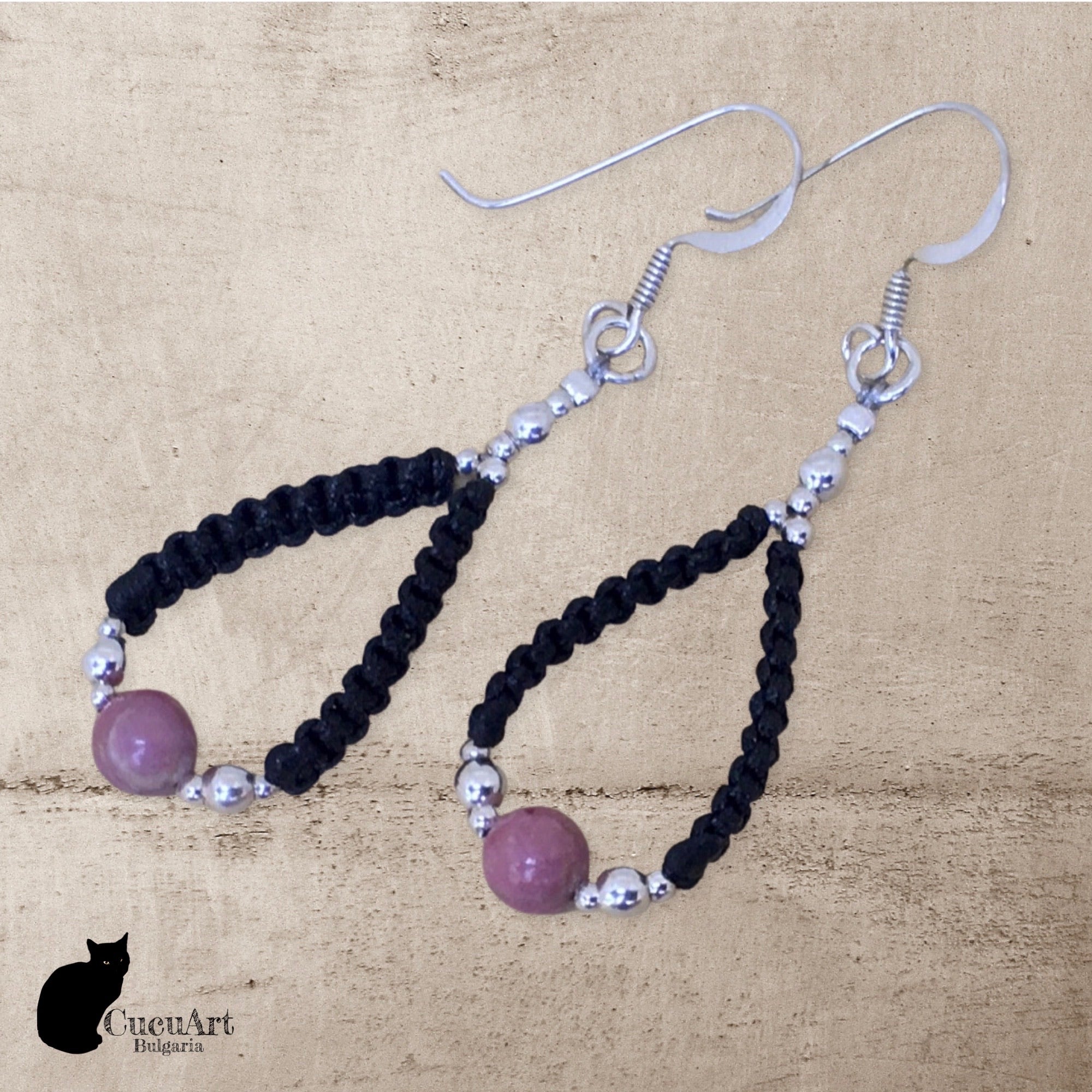 Pendientes de Macramé con Rodonita y Plata de Ley. Hecho a mano por CucuArt - CucuArt