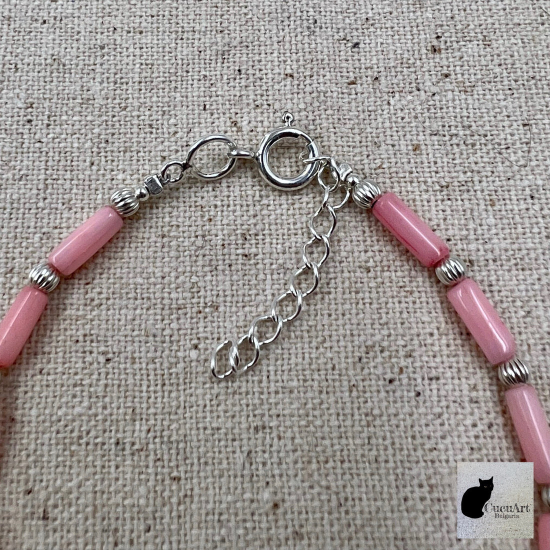 Pulsera de Coral Bambú Rosa  y Plata de Ley. Hecho a mano por CucuArt - CucuArt