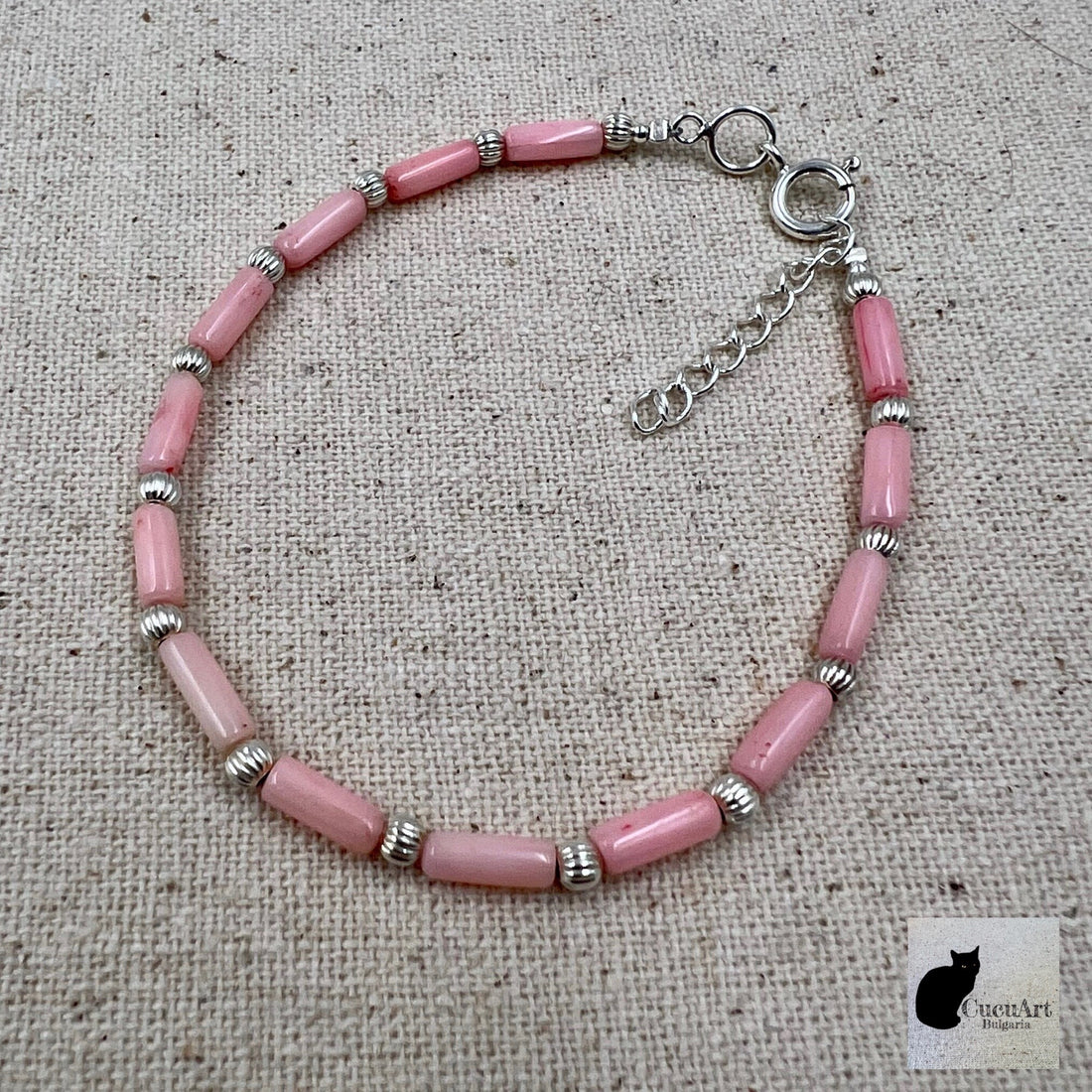 Pulsera de Coral Bambú Rosa  y Plata de Ley. Hecho a mano por CucuArt - CucuArt
